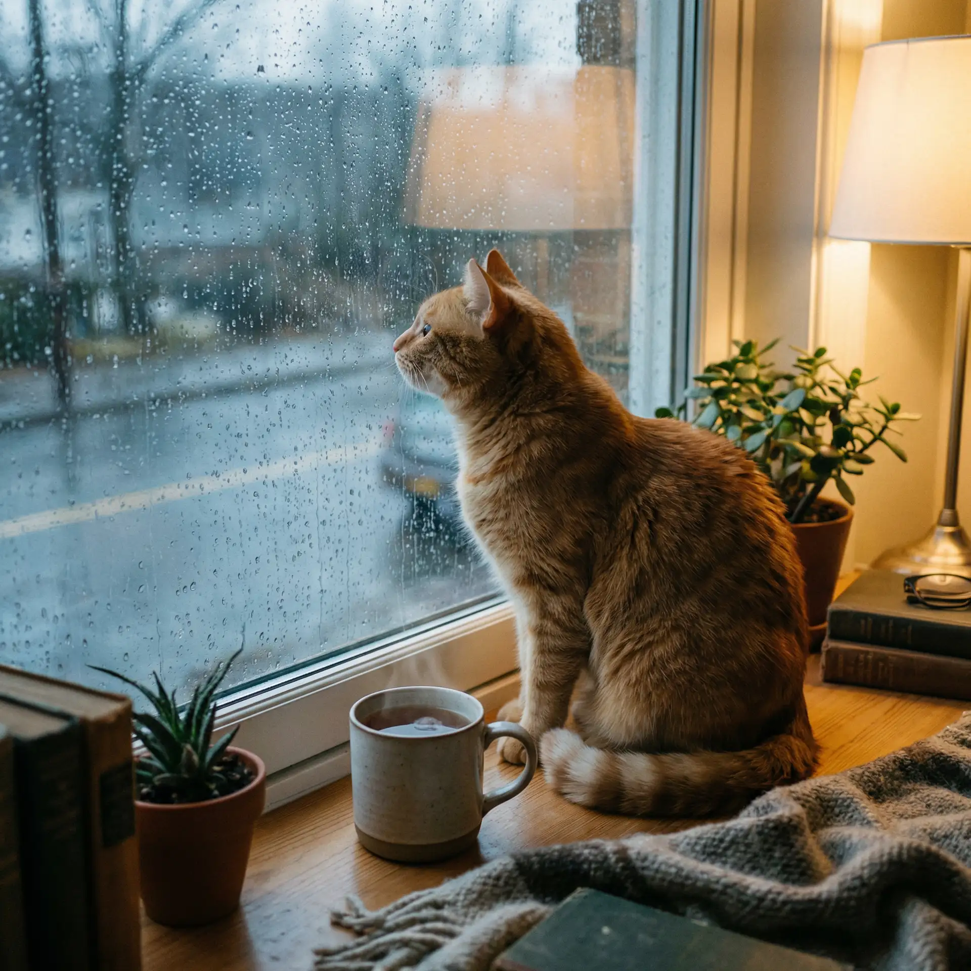 猫咪望着窗外的雨 - 春梦记